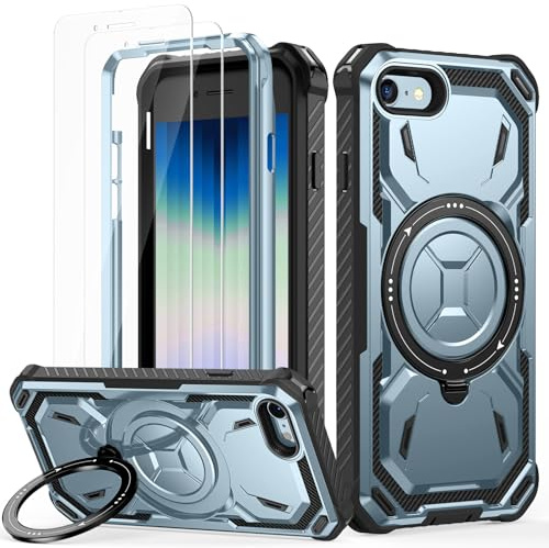 Lanhiem für iPhone SE 2020/2022/8/7 Hülle, 360° Ring Ständer, Stoßfest-Blau | mit 2X Schutzfolie, Robust Armor Schutzhülle, Military Panzerhülle, Kratzfest Handyhülle für iPhone SE 2020/2022/8/7 Case