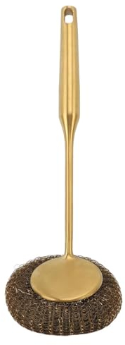 Ozgkee Edelstahl-Topfreiniger mit Langem Griff, Stahlwolle-Schrubber, Tiefenreinigung, Rostfreie Edelstahl-Geschirrschrubberbürste für Töpfe, Pfannen, Grills (Gold)
