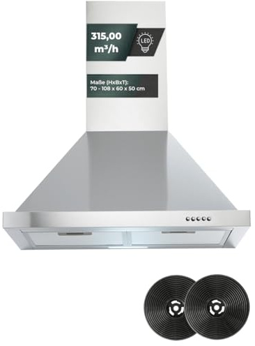 Yuna Davina WH60A Dunstabzugshaube Inklusive Kohlefilter & Fettfilter | Abluftbetrieb & Umluftbetrieb | LED-Beleuchtung | Leistung bis zu 319,40 m³/h | Energieeffizienzklasse A