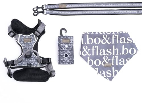 bo&flash Hundegeschirr Set Boston mit robuster Leine – Bequemes Brustgeschirr für unterwegs – 4 tlgs. Atmungsaktives Zuggeschirr mit charmantem Halstuch für kleine Hunde – Dark Grey – S
