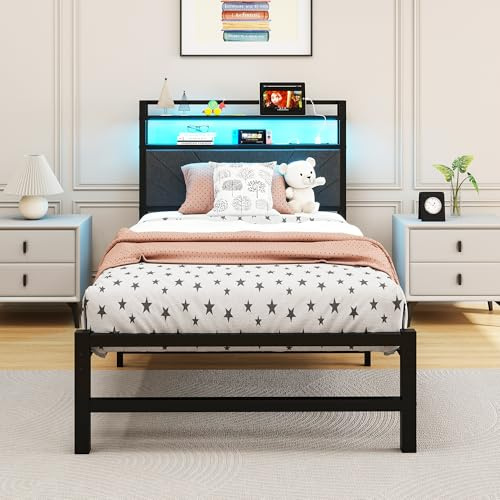 HOMERECOMMEND Single Bed Frames with Storage Shelf and LED Lights,Dark Grey | Upholstered 3ft Single Bed Frame 90x190 cm,Mattress Foundation/Strong Steel Slat Support/Under Bed Storage/Easy Assembly