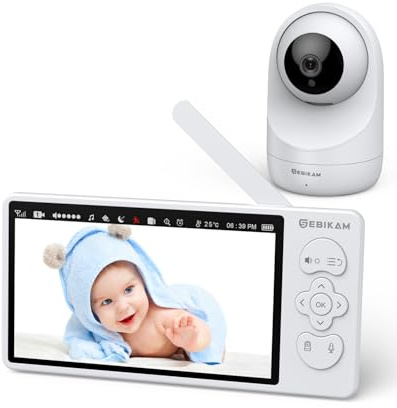 Sebikam Baby Monitor con Fotocamera da 5,5 Pollici, Schermo HD 720P, Batteria da 4000mAh, PTZ 355°, Modalità VOX, Visione Notturna, Audio Bidirezionale, Sensore di Temperatura, Ninna Nanne