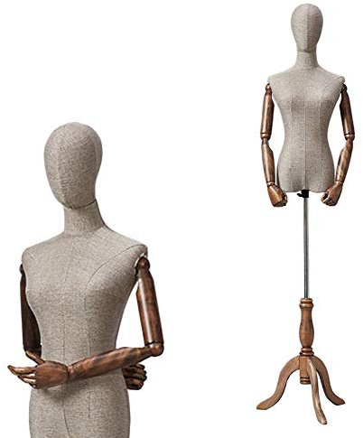Schaufensterpuppe, verstellbar, weibliches Leinen-Design, hellbrauner Torso, Schneiderpuppe für Kleidungsdisplay, Modellständer mit Holzarmen (AL)