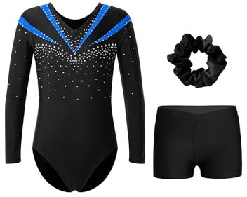 Aiihoo Mädchen Turnanzug Gymnastikanzug Glitzer Langarm Turnbody Trikotbody Kurz Hose Gymnastik Shorts + Haarband Leotard Turnkleidung Tanz Outfit Blau 158-164