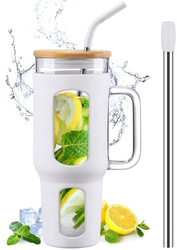BLUEGO Tumbler becher mit Deckel und Strohhalmen, 1400ml Kaffeebecher To Go mit Henkel, Trinkbecher mit Silikonhülle, 1,4 L Tumbler becher mit 2 Strohhalmen, BPA-frei, Weiß