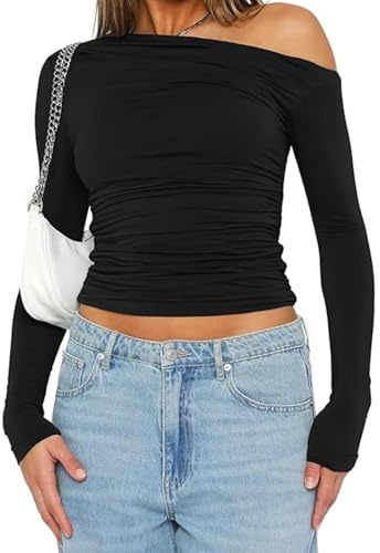 Off-The-Shoulder top Long-Sleeved Shirt Women's Basic T-Shirt Casual Y2K Slim fit Crop Tops