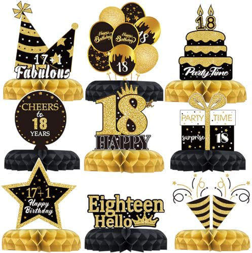 9Pcs 18th Birthday Decorations Supplies,Black And Gold Honeycomb Table Decorations Centrepiece, 18th Table Toppers For Birthday Party Favor Photo Booth Props