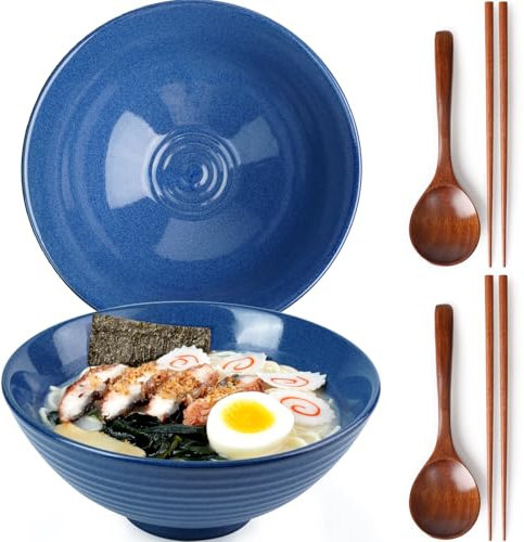 NUTRIUPS 1 200 ml keramisk ramen-skål set med 2 nudelskålar med ätpinnar och skedar (safirblå)