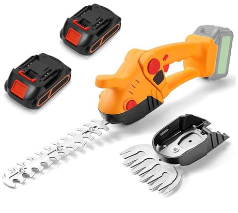 Cordless Hedge Trimmer, 2-IN-1 Electric Shrub Trimmer, Handheld Grass Cutter, Hedge Shear, with Interchangeable Blades, 2 PCS Batteries and Charger, for Shrub, Garden, Grass, Lawn and Pruning