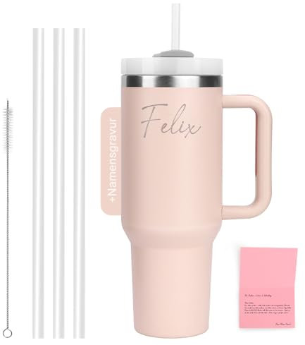 WALLFID 40oz Edelstahl Thermobecher, personalisierbar mit individuellem Namensaufdruck, vakuumisoliert mit Deckel, inkl. 3 Strohhalmen & Reinigungsbürste.(Rosenquarz)