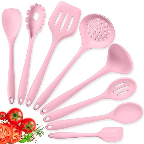 Herogo Silikon Küchenhelfer set, 8-teiliges Kochbesteck Kochlöffel, Rosa | Hitzebeständiger Küchenutensilien Küchenset mit Silikonspatel/Löffel/Wender/Schöpfkelle, Gesund & Antihaft, Spülmaschinenfest