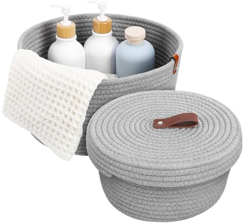 NOLITOY Cotton Rope Storage Basket with Lid Woven Organizer Basket for Nursery Bedroom Bathroom 10.6 Inch Round Storage Bin for Home Decluttering