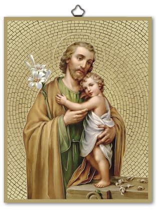 Fratelli Bonella | Quadro Sacro raffigurante San Giuseppe su legno MDF di pioppo 8mm con Mosaico in lamina dorata formato 18x24 cm | Made in Italy