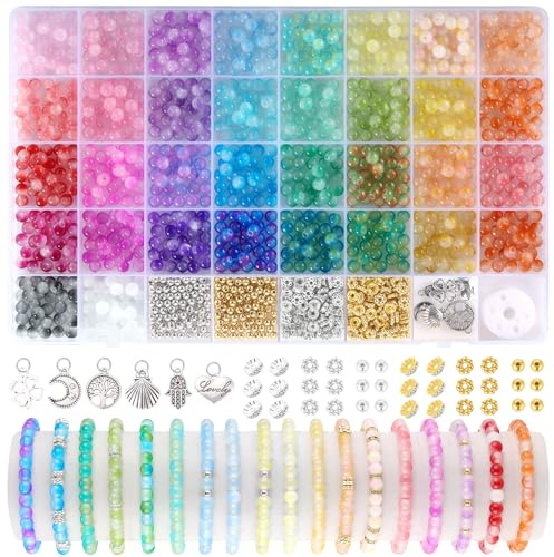 Funtopia Perlen für Armbänder,1396-Glasperlen zum Auffädeln, Farbverlaufs | 6mm Runde Kristallperlen in 34 Farben, mit Spacer Charms und Anhängern, Perlen Set für DIY Schmuckherstellung, Armbänder