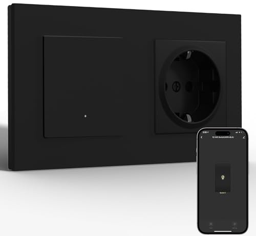 BSEED Enchufe Estándar con Smart Interruptor 1 Gang 1 Vía(Requiere Cable Neutro), WiFi Interruptor Pulsador Empotrado Marco de PC Compatible con Alexa y Google Home, Negro