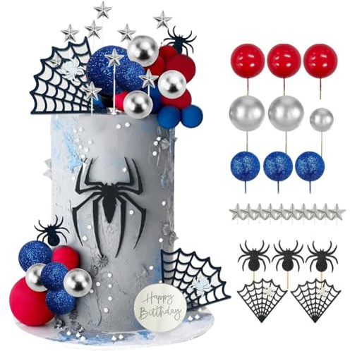 MEZHEN Tortendeko Spinnen Kuchen Deko Geburtstag Cake Topper Kugeln Torte Deko Kindergeburtstag Cupcake Topper Geburtstagsdeko Kuchendeko Halloween 37 Stück