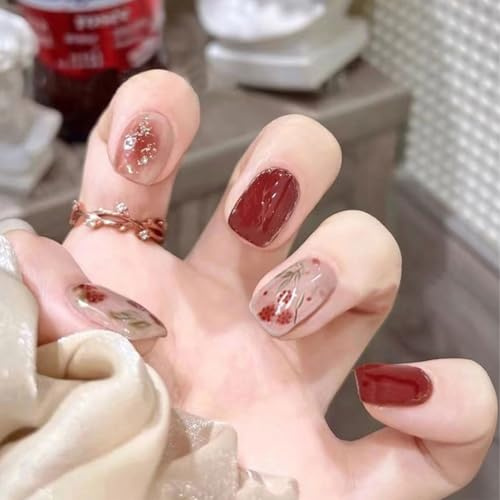 Auriselle Unghie Finte 24 Pezzi Corte Medie Francesi Quadrate con Motivi Floreali Artificiali Rosse e Rosa con Motivi Floreali Unghie Adesive, Perfette per la Manicure a Casa