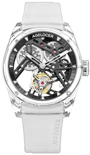 AGELOCER Tourbillon Watches Men Original Full Transparent Crystal Case Limited Edition, Luxury Sport Skeleton Waterproof Manual Mechanical Watch, Luminous Reading, Gift