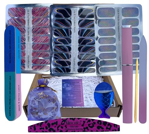 Nail Wraps Self Care Gift Set Bundle with 3 Lily and Fox Nail Wraps, Indigo Leopard Gifts Glass File, Buffer and Manicure Accessories (10 Items)