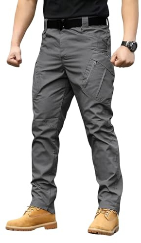 Boonlight Men's Lightweight Quick-Dry Tactical Pants, Water Resistant Hiking Pants with Multiple Pockets for Outdoor & Work (No Belt), Dark Grey