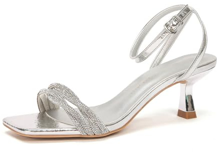WQHPLMD Women's Ankle Strap Rhinestone Kitten Heel Sandals Square Open Toe for Daily Wedding Party Dress Summer Shoes 5 Cm