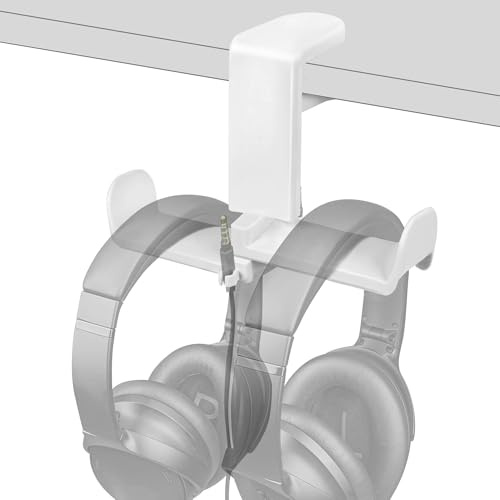 GEEKRIA Dual Headphone Stand, 360° Rotating Clamp-On Under Desk Headset Holder, Tool-Free No-Drill Mount, Fits 0.4-1.6 in Thick Desks and Headbands up to 3.1 in Wide (White)