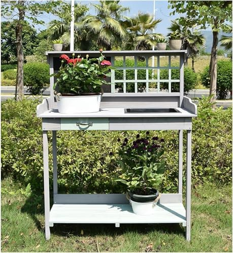 Tavolo per piante in legno con ripiano portaoggetti e ganci, banco da lavoro per giardinaggio e cura delle piante (92 x 42,5 x 121 cm)