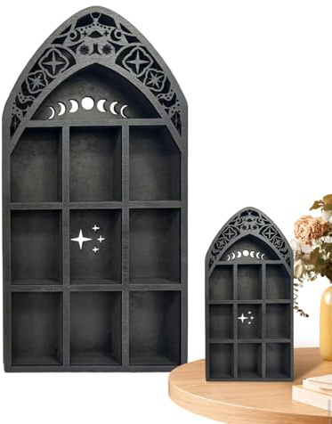 Holzregal – Sonnen- und Mond-Design, Wandschmuckhalter, mystische Edelstein-Vitrine, Gothic- | Meditationsraum, Schlafzimmer, Studio, Eingangsbereich