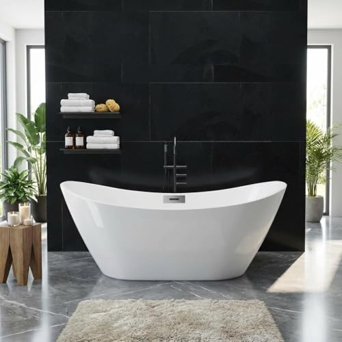 67 Inch Acrylic Freestanding Bathtub, Deep Soaking Tub with Non-Slip Surface, Modern Free Standing Bath Tub, Chrome Drain, CUPC Certified, Easy Install, Space-Saving Bathtub for Bathrooms, White