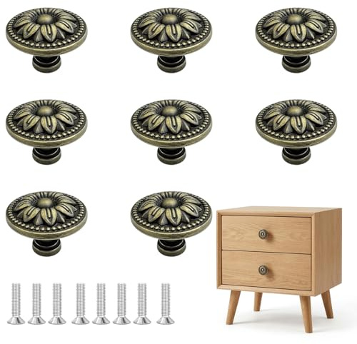 RDTOK 8 Stück Möbelgriffe Vintage 35mm, Möbelknöpfe Retro Bronze, Schrankgriffe Antik für Kommode & Schrank, Runde Schubladenknöpfe Messing-Optik, inkl. 8 Schrauben