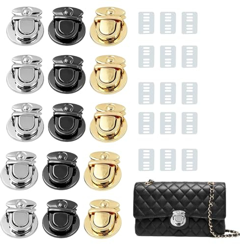 15 Pares Cierre para Bolso de Metal, Cierre de Rosca para Bolsas,Cierre con Separadores en Plata, Oro y Negro, Cierre Seguro para bolsos de bricolaje, carteras, bolsos de mujer, manualidades