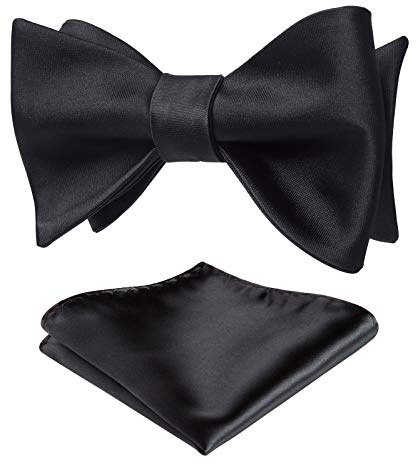 HISDERN Bow Ties for Men Solid Black Self Tie Bow Tie & Pocket Square Set Classic Formal Satin Bow ties for Tuxedo Wedding Party