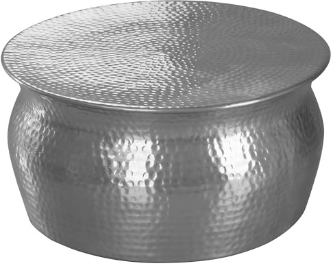 FineBuy Couchtisch Rund 60x60x30,5 cm Metall Silber, Wohnzimmertisch | Sofatisch in Hammerschlag-Optik, orientalischer Beistelltisch aus Aluminium, handgefertigtes Unikat, Loungetisch
