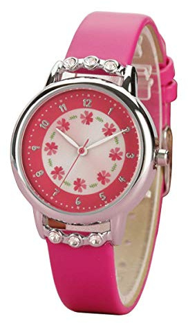 PASNEW Kids Watch,Analogue Classic Quartz Children Watch Waterproof with Floral Dial Diamond Leather,Pink
