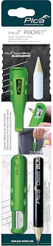 Pica 505/03 Pocket + Pica For All Black&White I weiß&Grafit 2B angespitzt I Köcher & Messer in Einem I robuster Köcher für alle dicken Holzstifte I leichtes Anspitzen durch integrierte Klinge