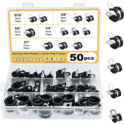 HSEAMALL Stainless Steel Rubber Lined P Clips, Hose Pipe Clamps 5 Size Metal Wire Cable Clamp Kit (50 PCS)