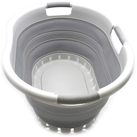 SAMMART 36L Collapsible 3-handhabbarer Kunststoff-Wäschekorb - Faltbarer Pop-up-Aufbewahrungsbehälter - Tragbare Waschwanne - Platzsparender Korb (3 behandeltes Oval, Grau/Grau)