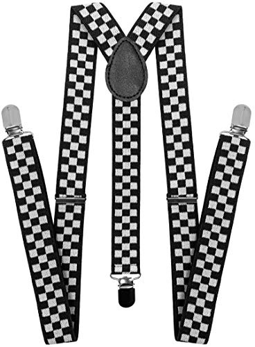 LOLELAI Suspenders for Women and Men | Elastic, Adjustable, Y-Back | Pant Clips, Tuxedo Braces (1, Checkered Black and White)