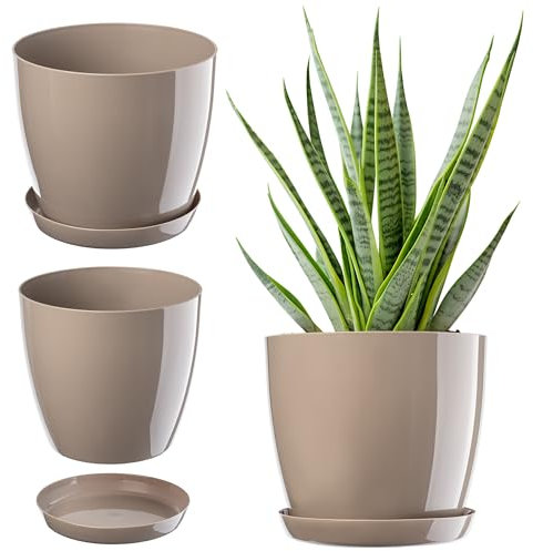 KADAX Flowerpot, fioriera rotonda con sottovaso, Ø 23 cm, elegante vaso in plastica per interni, fiori e piante, (Beige)