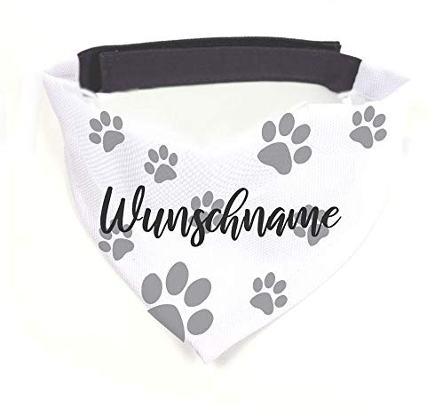 Hundehalstuch Pfote grau / weiß personalisiert inklusive Wunschname z.B. Name Ihres Hundes mit 12 cm Klettverschluss für kleine, mittlere und große Hunde (S = Halsumfang 32-38 cm)