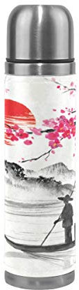 BKEOY Mug de voyage isotherme en acier inoxydable à double paroi anti-fuite Bouteille Japon Paysage Vintage aquarelle Imprimé Personnalisé Thermos en cuir véritable 500 ml