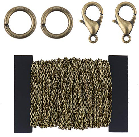 Coolty 39 Füße Kabel Kette Halskette, DIY Link Kette Ketten Gliederkette Halsketten mit 100 Biegeringe und 30 Karabiner für Schmuck Herstellung(Bronze)