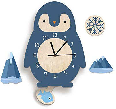 Kinder Uhr ohne Tickgeräusche, Kinderuhr für Kinderzimmer, Lautlos Uhrwerk, Wanduhr Wolken, Wanddeko Deko Jungs Mädchen (Pinguin)