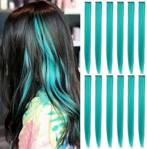 FAIRY COLOR 12 PCS Colored Hairpieces, Multi-colors Party Highlights Clip in Hair Heat-Resistant Synthetic Hair Extensions 20 Inch (Teal)