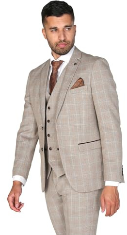 Men’s Retro Check Tweed Suits Tailored Fit Father and Son 3 Piece Set in Beige Brown Chest 34R - Waist 28R