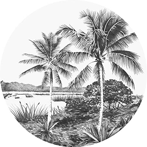 papier peint panoramique rond adhésif paysage tropical avec des palmiers noir et blanc Ø 70 cm - ESTAhome