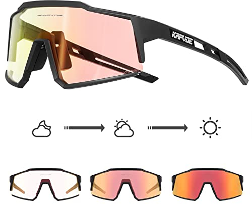 KAPVOE Photochromatische Selbsttönend Fahrradbrille TR90 Rahmen für Herren Damen Klar Sportsonnenbrille Sport Radfahren MTB Radbrille Sportbrille Fahren Baseball Laufen Rot Schwarz 01