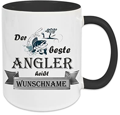 Crealuxe Kaffeetasse - Der Beste Angler heißt (Wunschname) - Spruchtasse, Bürotasse, bedruckte Keramiktasse, Tasse mit Spruch, Hochwertige Kaffeetasse, Tasse personalisiert (Schwarz)