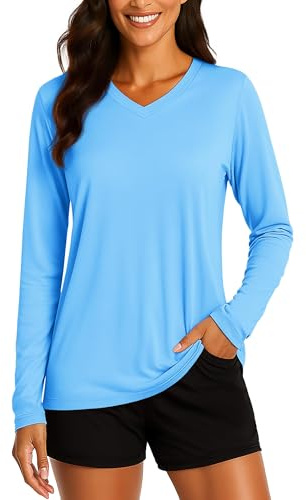 TACVASEN Sun Protection Tops for Women Swimming Beach Shirts UPF 50 UV Protection T-Shirt Long Sleeve Walking Hiking Shirts Waterfall Blue