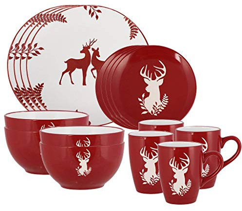Christmas Crockery 16 Pc Christmas Dinner Set Dishwasher/Microwave Safe Red & White Hand Painted Stoneware Crockery Dinner Service for 4 - Four Place Settings of Mug, Bowl, Side Plate & Dinner Plate